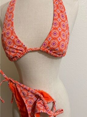 Orange Patterned Triangle Bikini Top & Tie-Side Bottoms